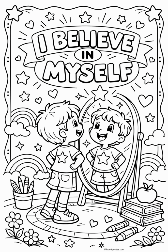 I believe in myself - Positive affirmation coloring page printable for kids.