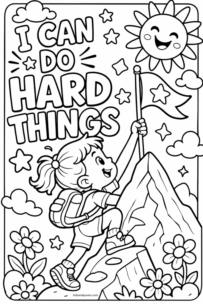 I can do hard things - Positive affirmation coloring page printable for kids.