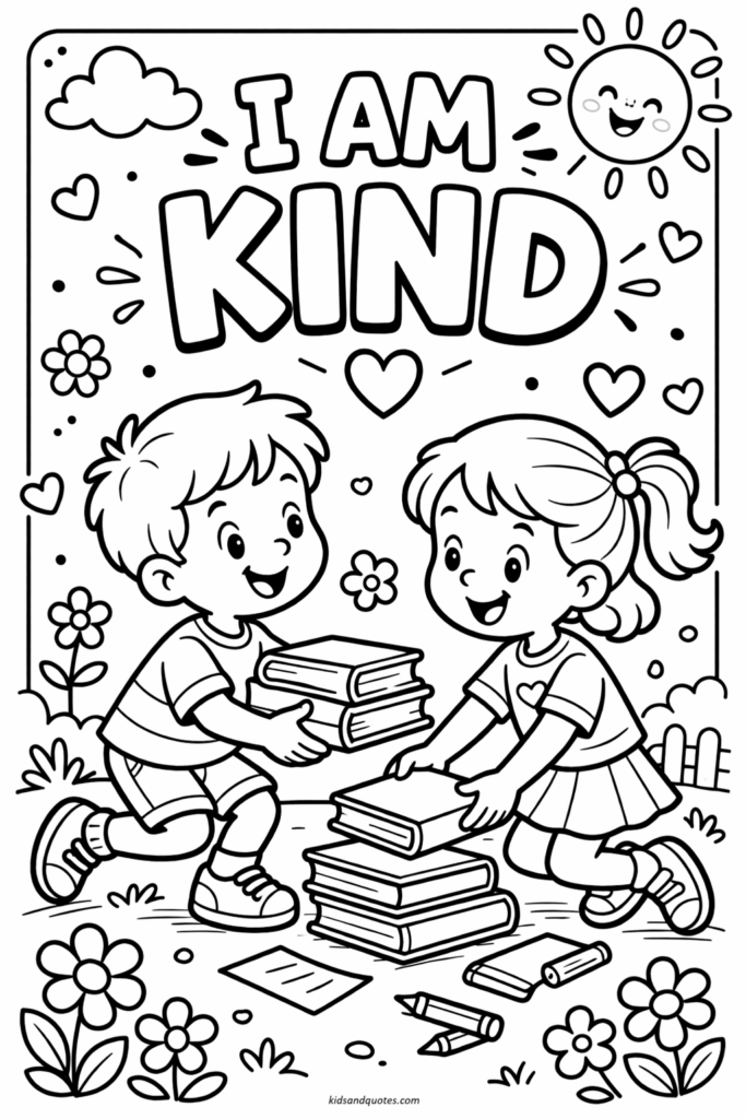 I Am Kind - Positive affirmations for kids coloring page.