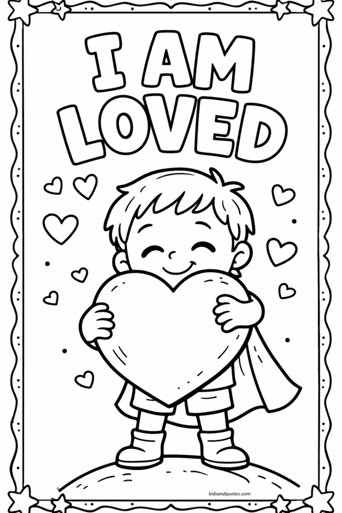 I Am Loved - Free printable positive affirmation coloring page for kids.