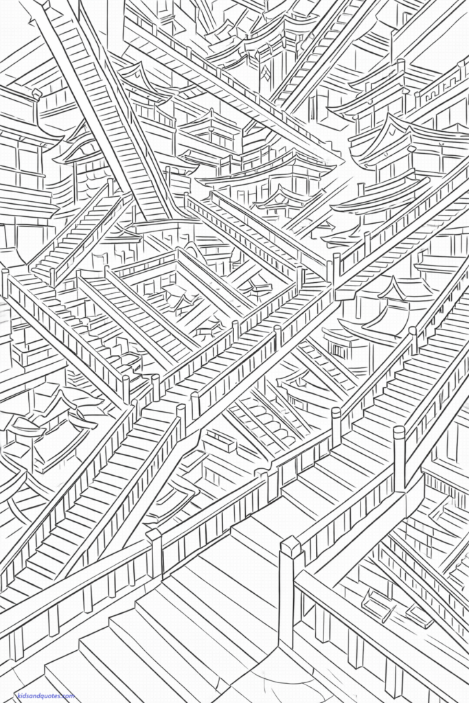 Infinity Castle inspired scene with layered staircases and dramatic perspective, multiple levels, clean structured lines.