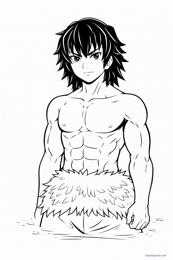 Inosuke without mask showing facial features, simple calm pose.