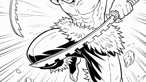 27 Free Demon Slayer Coloring Pages: Inosuke jumping forward in battle.