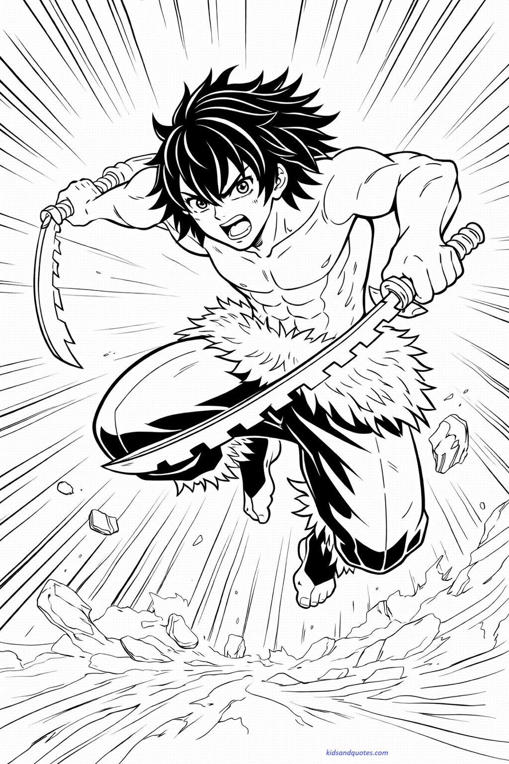27 Free Demon Slayer Coloring Pages: Inosuke jumping forward in battle.