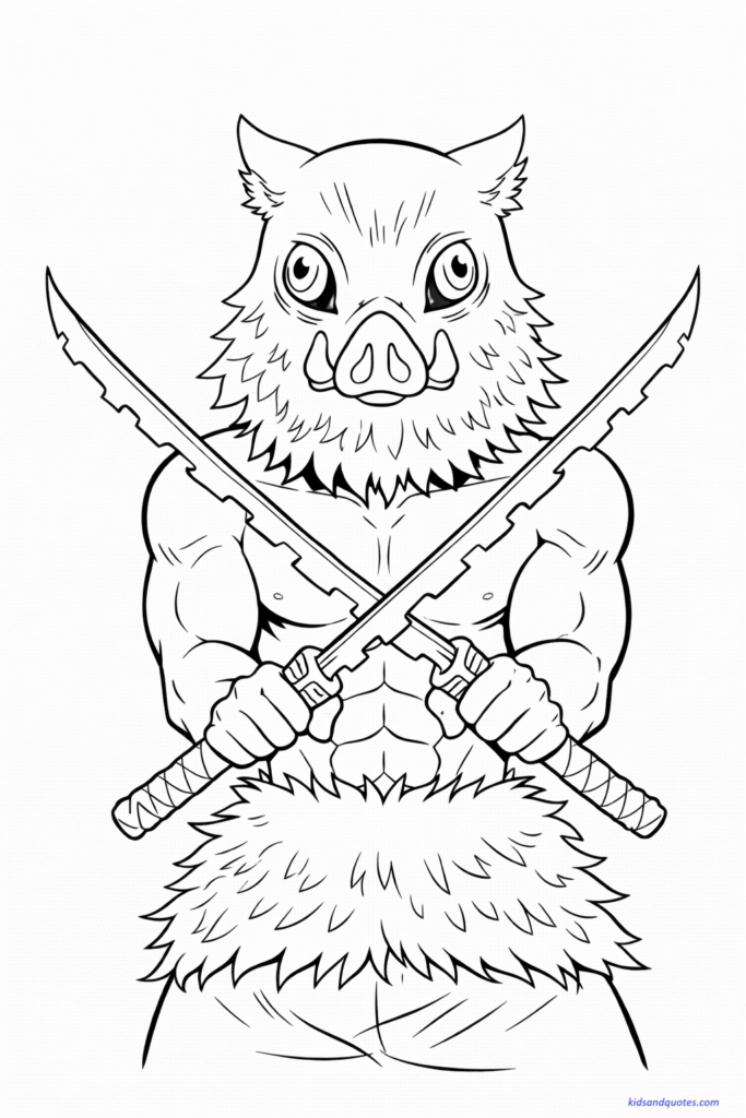 Inosuke wearing boar mask holding two swords crossed, muscular pose.