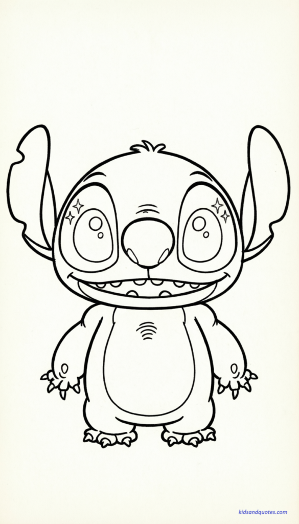 Printable coloring page of Baby Stitch smiling with oversized kawaii eyes.
