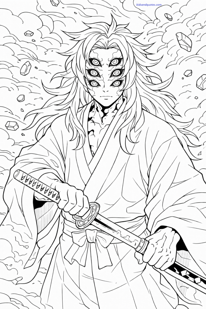 Kokushibo with multiple eyes and sword, intricate but clean line work, high-detail coloring page.