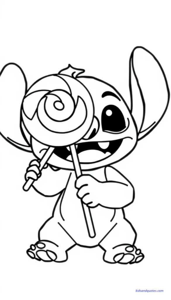 Baby Stitch holding a giant swirly lollipop.