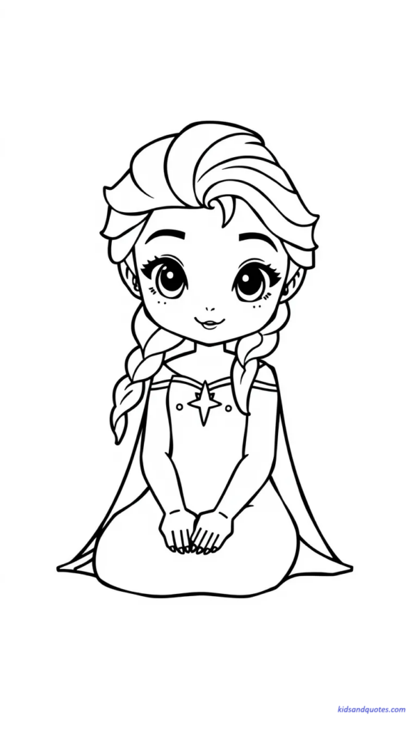 Coloring page: Mini chibi Elsa princess sitting on ground, simple pose.