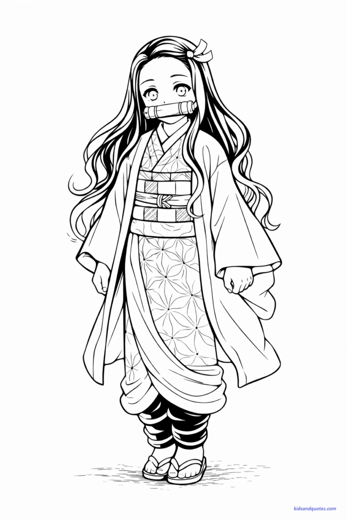 Nezuko Kamado standing peacefully with bamboo muzzle, detailed kimono patterns, hair flowing gently.