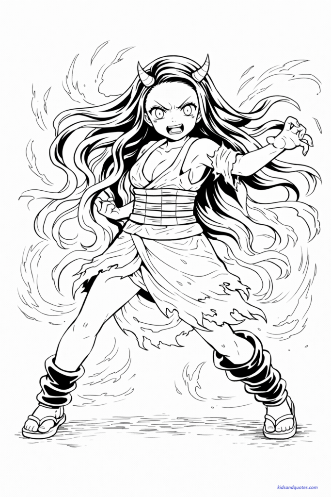 Nezuko in demon form with long flowing hair and energy aura lines, expressive eyes, dynamic stance.