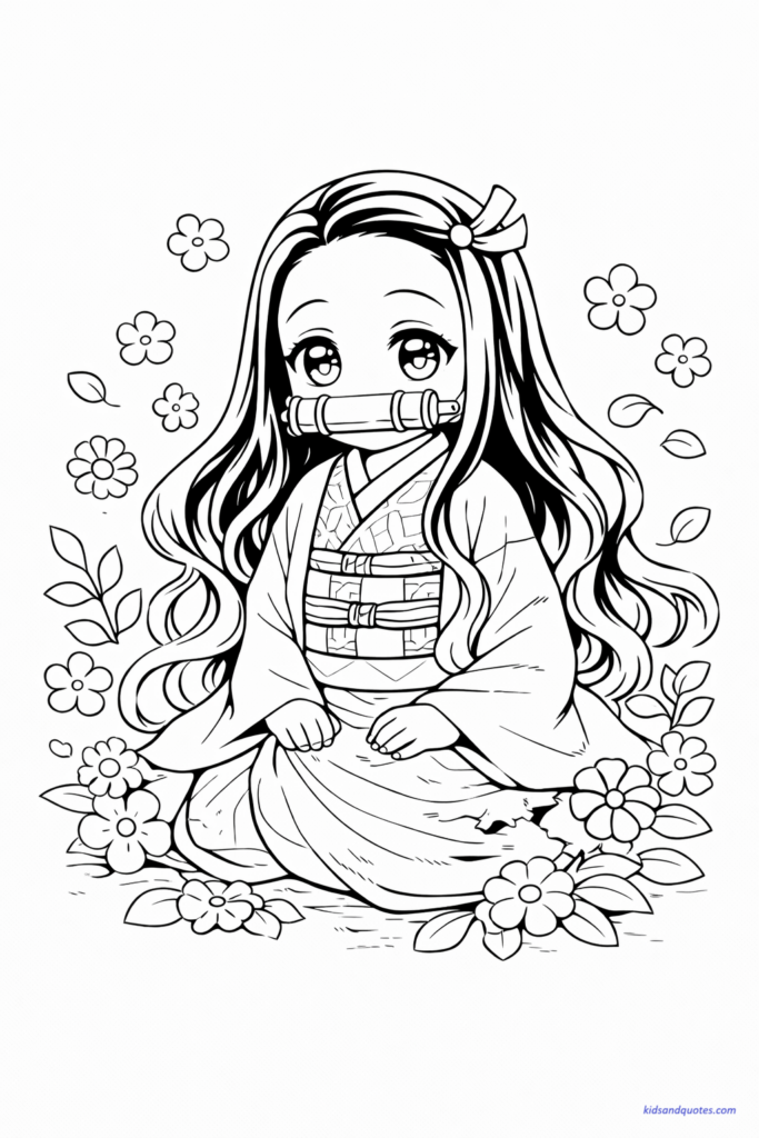 Nezuko sitting peacefully surrounded by simple flowers and leaves.