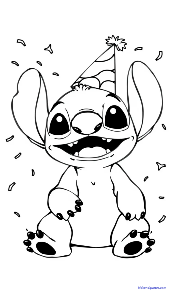 Coloring page of Baby Stitch wearing a party hat and celebrating.