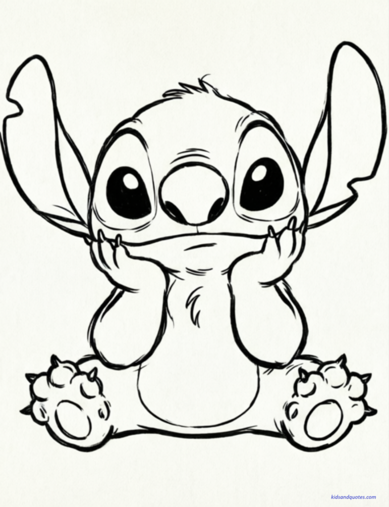 Free Baby Stitch coloring page: Baby Stitch sitting peacefully with hands on cheeks.

