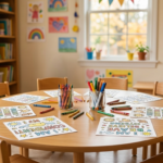 A bright, sunlit classroom or playroom featuring a round wooden table set for an activity. On the table are several coloring pages with positive affirmations like "I AM CONFIDENT" and "I AM BRAVE," surrounded by jars of colorful crayons and markers. In the background, there are wooden bookshelves filled with books, small potted plants on a windowsill, and colorful educational posters on the walls, creating a warm and inviting atmosphere for learning.