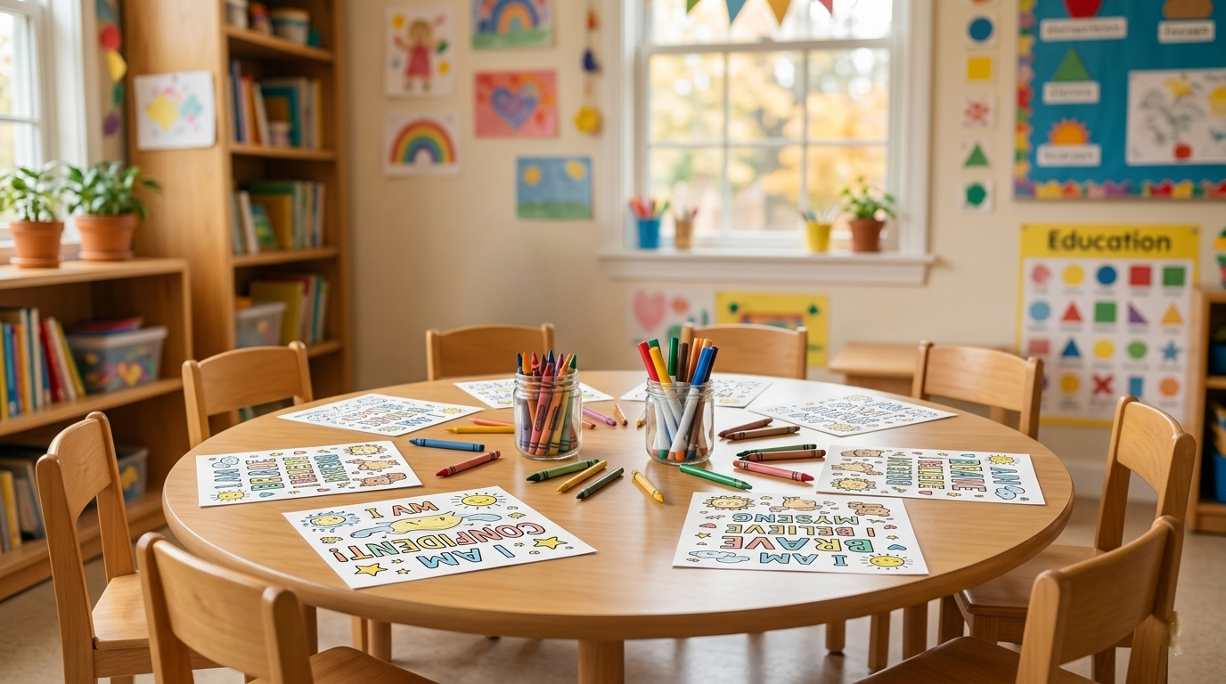A bright, sunlit classroom or playroom featuring a round wooden table set for an activity. On the table are several coloring pages with positive affirmations like "I AM CONFIDENT" and "I AM BRAVE," surrounded by jars of colorful crayons and markers. In the background, there are wooden bookshelves filled with books, small potted plants on a windowsill, and colorful educational posters on the walls, creating a warm and inviting atmosphere for learning.
