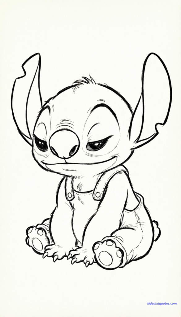 Free printable coloring page of Baby Stitch sitting quietly with soft expression.