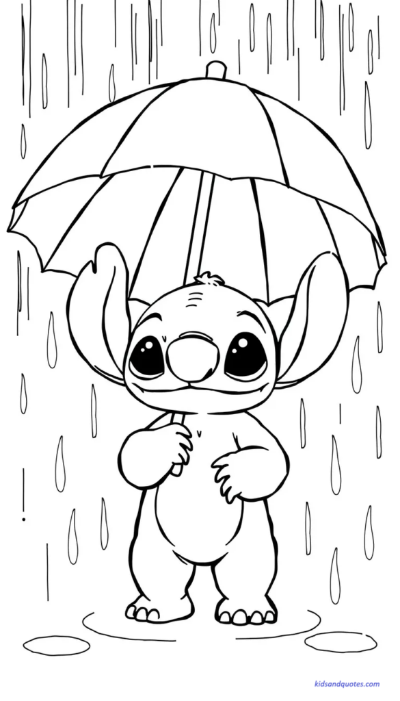 Baby Stitch walking in rain with umbrella.