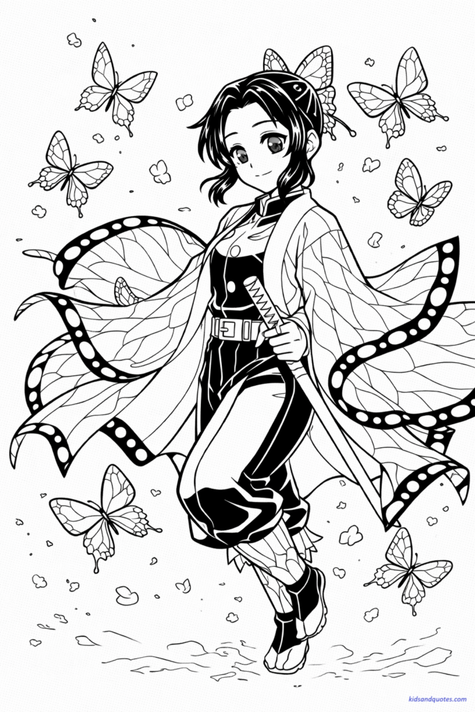 Shinobu Kocho surrounded by butterfly elements, elegant pose, flowing haori.