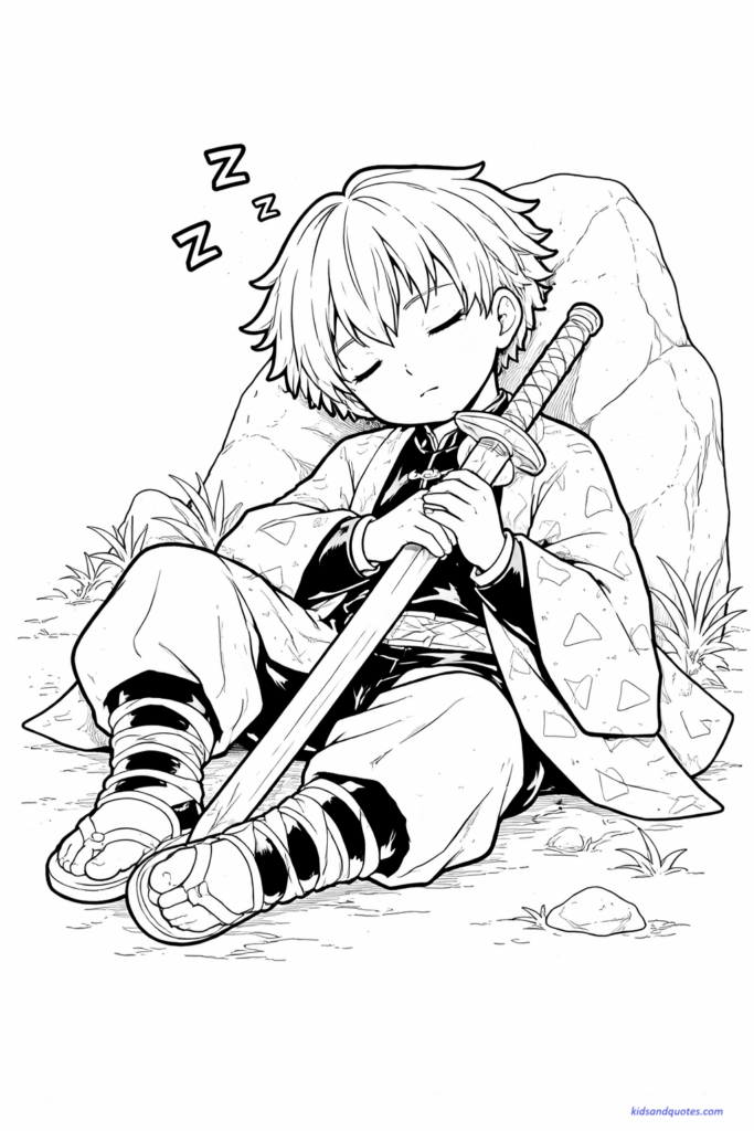 Zenitsu Agatsuma sleeping while holding his sword, relaxed posture.