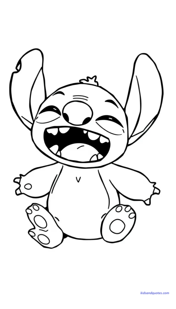 Coloring page of Baby Stitch yawning and looking sleepy.

