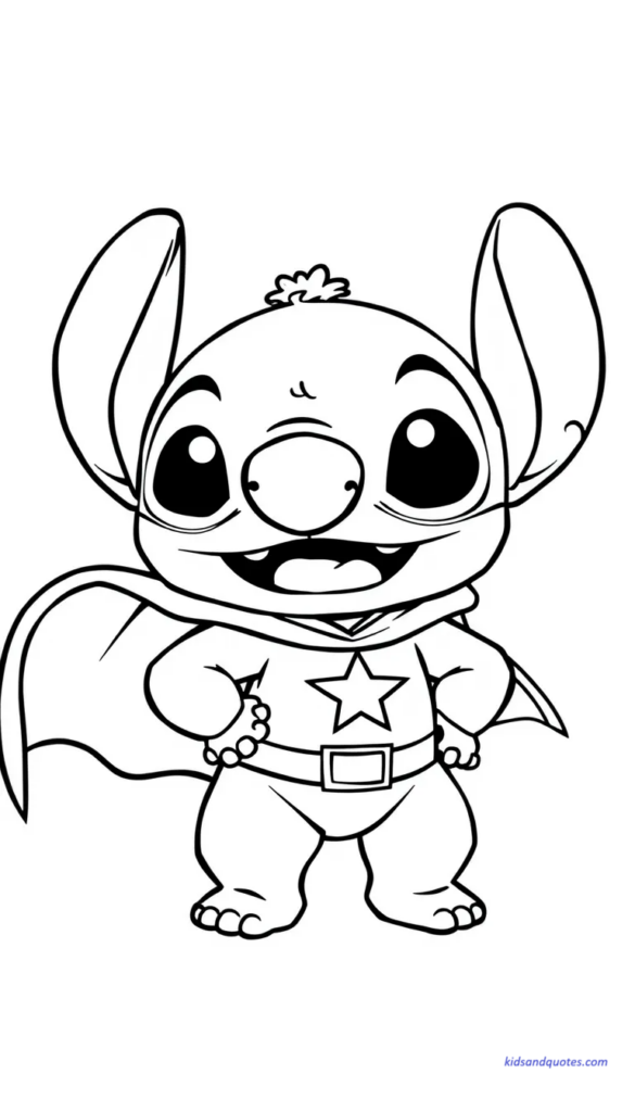 Coloring page of Baby Stitch dressed as a cute superhero with cape.