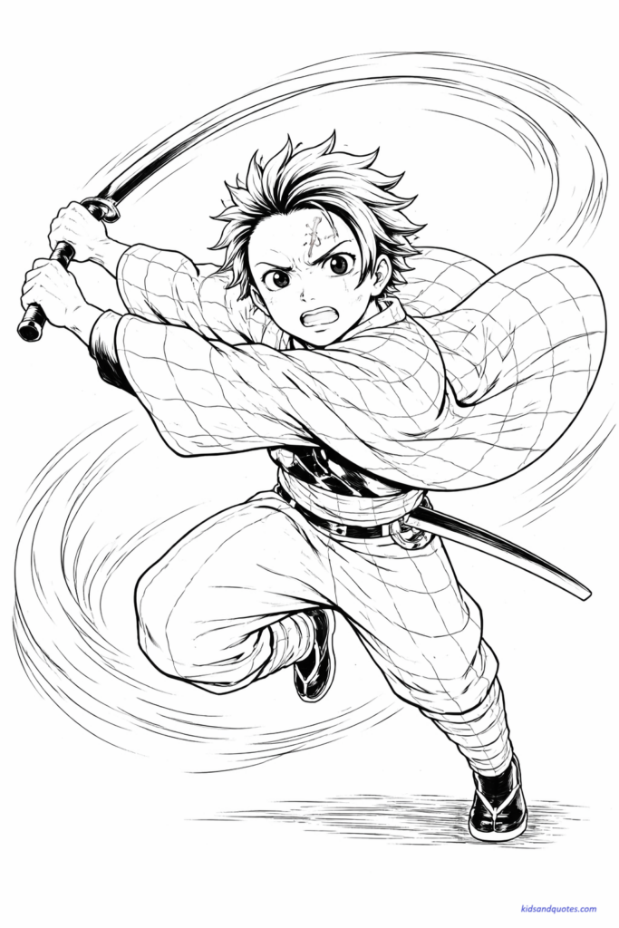 Tanjiro mid-battle with sword swing, dynamic motion lines and flowing robe details, high-energy pose.