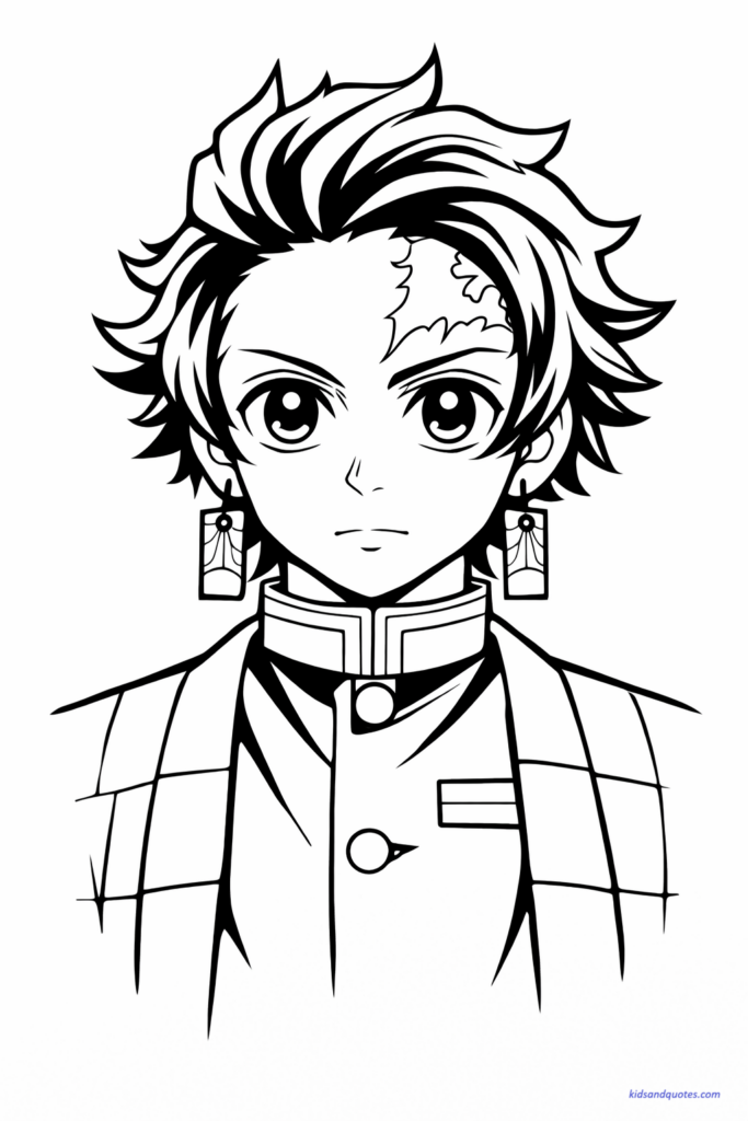 Close-up portrait of Tanjiro Kamado’s face showing his forehead scar and hanafuda earrings, expressive eyes, simple background.