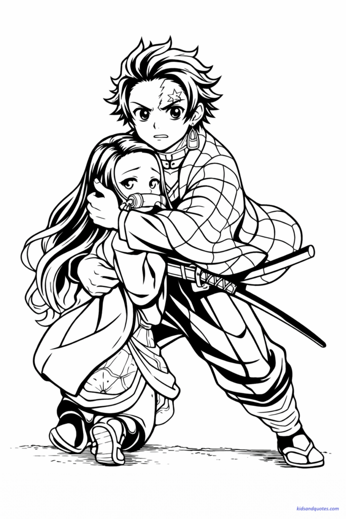 Tanjiro standing protectively in front of Nezuko, emotional sibling moment, simple ground line.