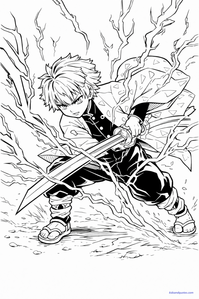 Zenitsu using Thunder Breathing with bold lightning bolts around him, energetic composition.