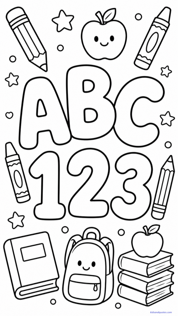 Coloring page featuring large playful ABC letters and 123 numbers as the main design.