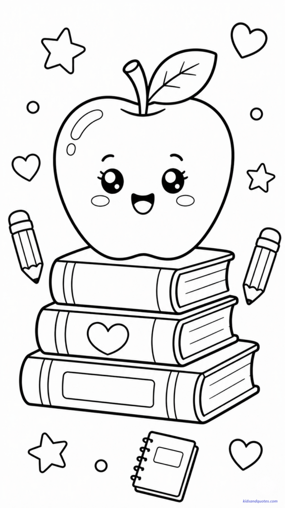Coloring page of a large shiny apple sitting on top of a neat stack of school books.