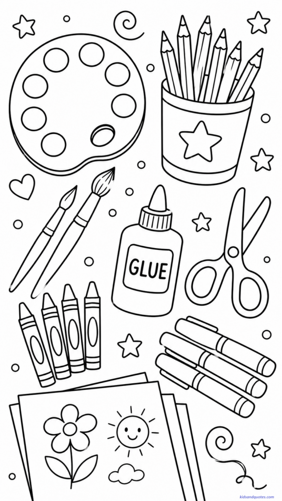 Coloring page showing a fun art table arrangement with a paint palette, brushes, crayons, scissors, glue, markers, construction paper, and a cup of pencils.