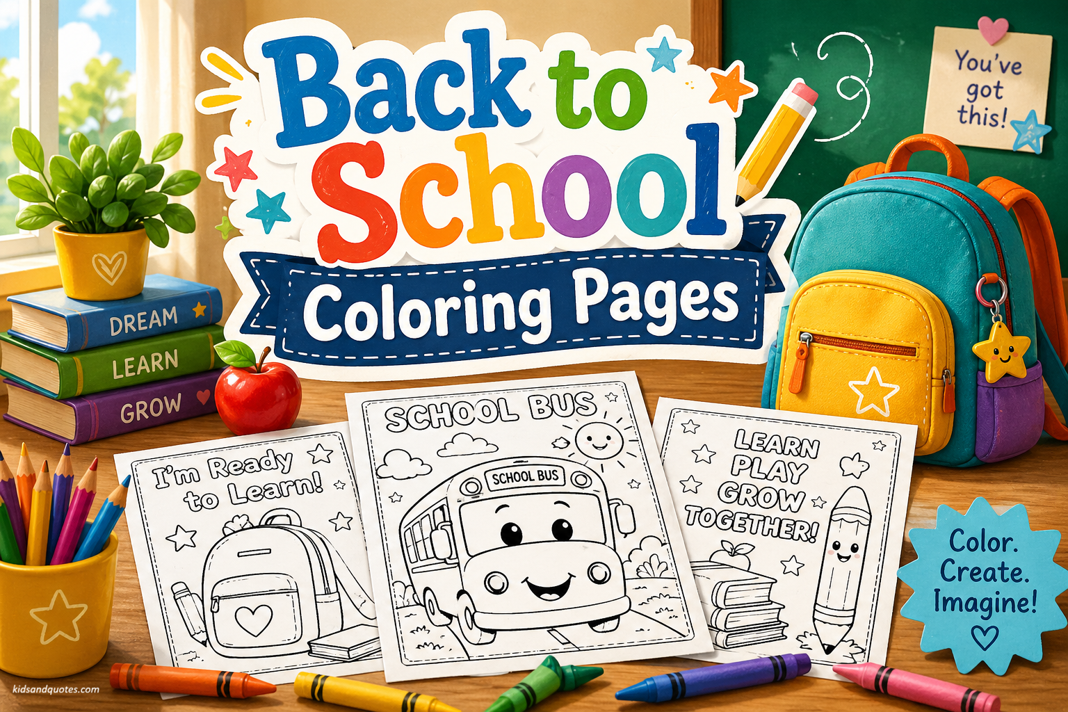 A colorful classroom-style scene with crayons, a backpack, books, printable coloring sheets, and large text reading “Back to School Coloring Pages."