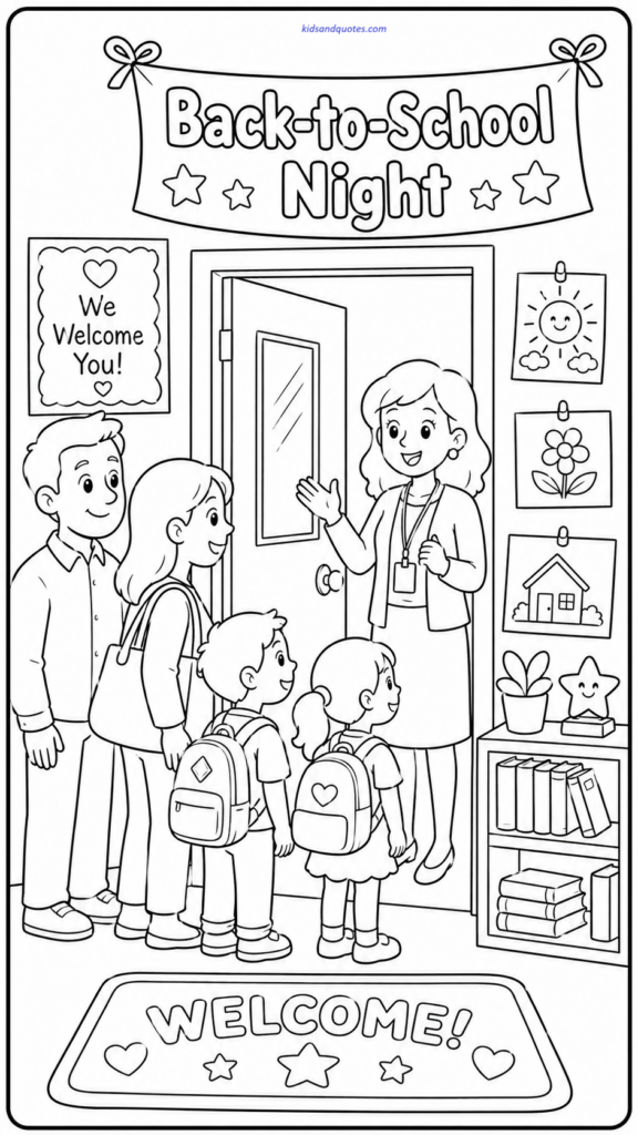 Family-friendly back-to-school night coloring page. 