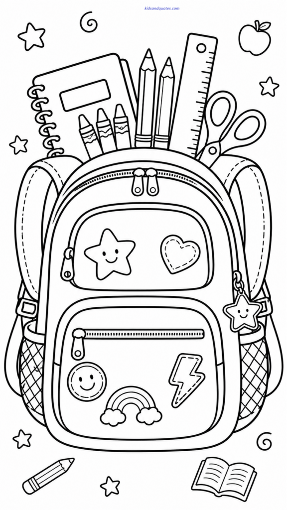 Coloring page with one large backpack centered on the page. Backpack having big pockets, zippers, straps, badges, patches, and school supplies peeking out, including pencils, a ruler, notebook, crayons, and scissors.