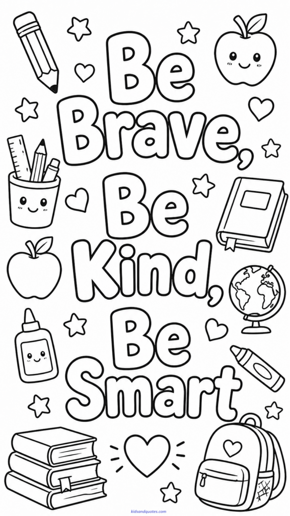 Coloring page with the words “Be Brave, Be Kind, Be Smart” in large hand-lettered text.