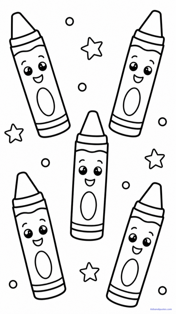 Coloring page featuring several oversized crayons with big friendly faces, rounded bodies, and simple wrapper details.