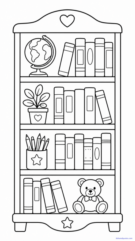 Coloring page showing a simple classroom bookshelf filled with books.