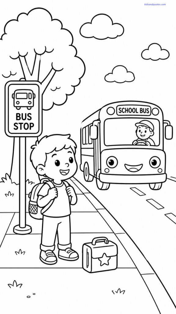Coloring page showing a simple bus stop scene - bus stop sign, a child wearing a backpack, a lunch box on the ground, and a school bus approaching in the background.