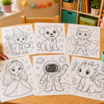 Cozy craft table with printable character coloring pages, crayons, markers, and colored pencils for a kids’ coloring activity.