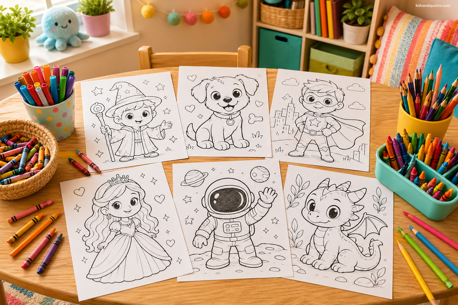 Cozy craft table with printable character coloring pages, crayons, markers, and colored pencils for a kids’ coloring activity.