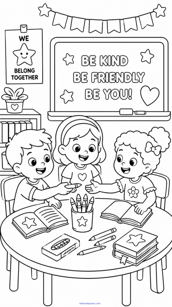 Coloring page showing two or three children sitting at a classroom table happily sharing crayons, pencils, or books. 