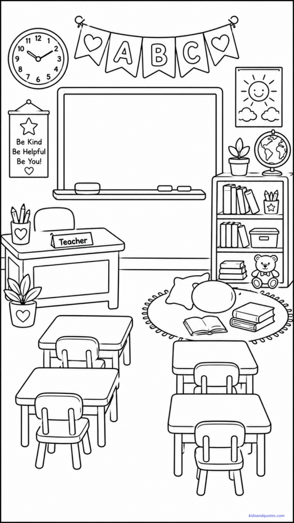 Coloring page showing a full classroom view - desks, chairs, chalkboard, bookshelf, clock, globe, teacher’s desk, ABC banner, and a cozy reading corner.