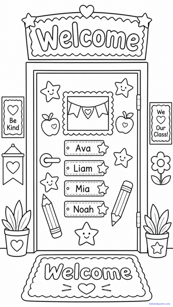 Coloring page showing a decorated classroom door.