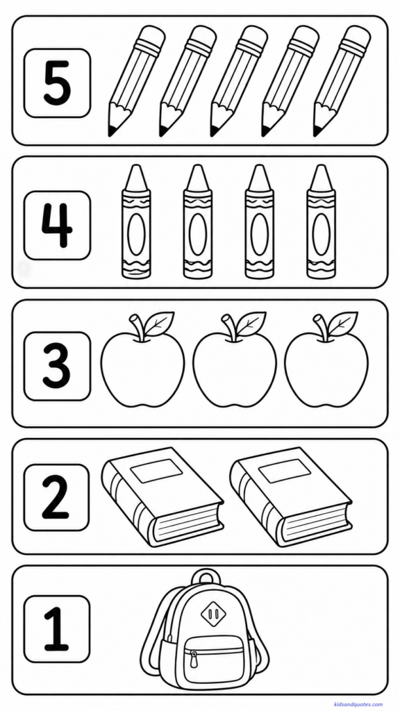 Coloring page showing simple groups of school supplies for counting. 