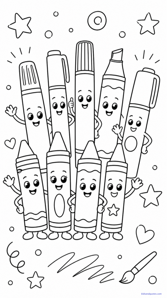 Coloring page featuring a group of crayons and markers standing together like cute characters. 