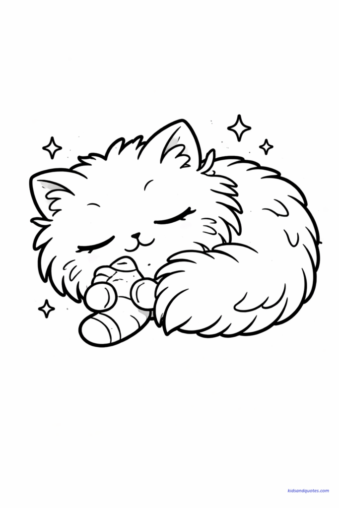 Coloring page of cute chibi Crookshanks cat curled into a fluffy ball, sleepy eyes, tail wrapped around body.