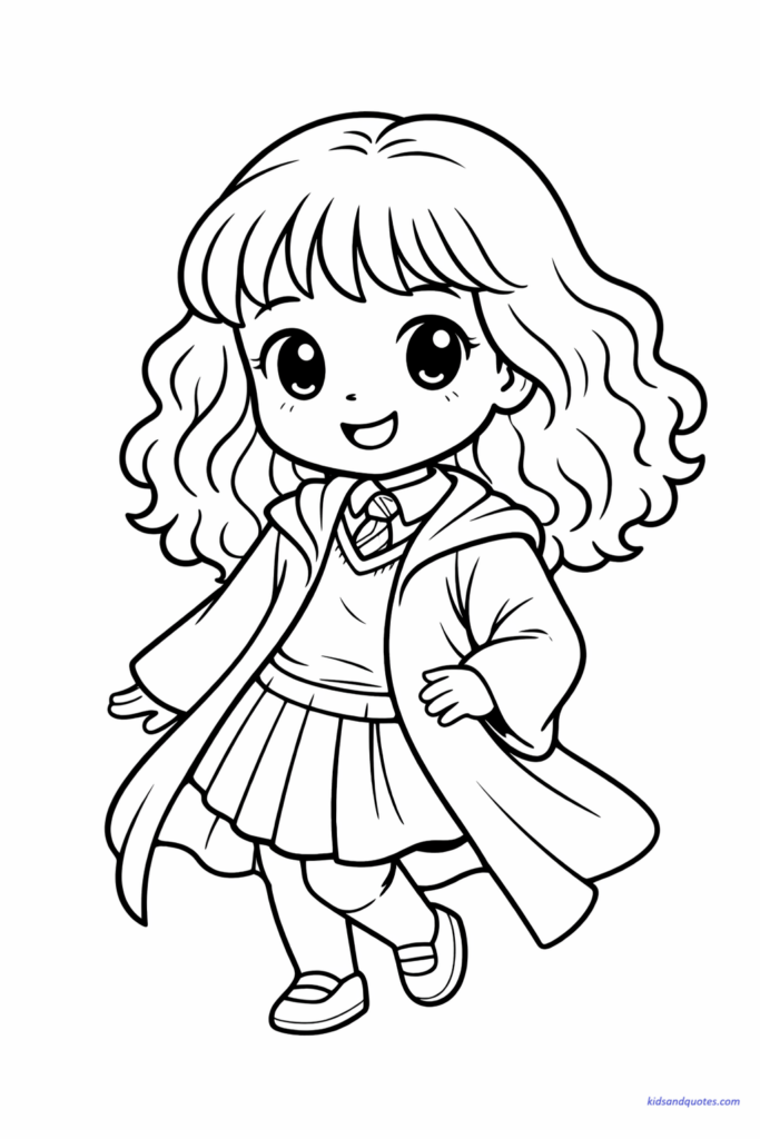 A playful cute Hermione coloring page, simplified with rounded features, making it easy and enjoyable for toddlers and younger children.