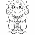 Free Cute Harry Potter Coloring Pages: Cute Chibi Hagrid standing calmly with a big beard simplified into soft shapes, friendly eyes, large gentle presence.